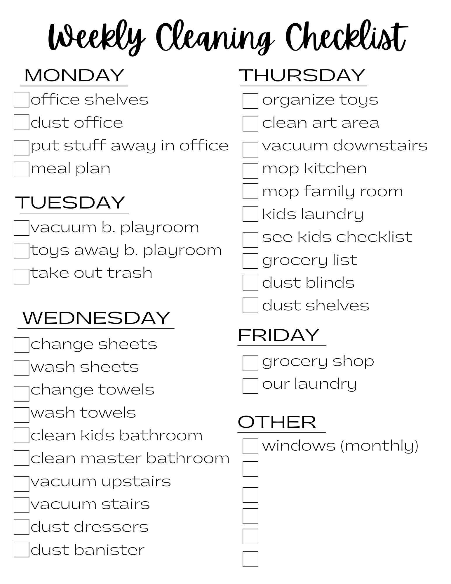 Weekly Cleaning Checklist A Sprinkle Of Joy